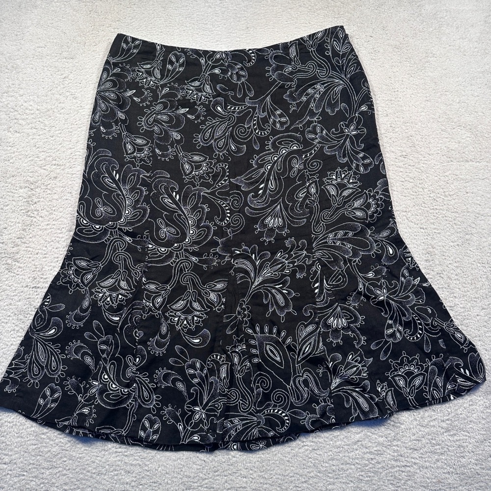 Kim Rogers Petite 100% Linen Skirt Black White Floral Print Flared Hem Women 10P